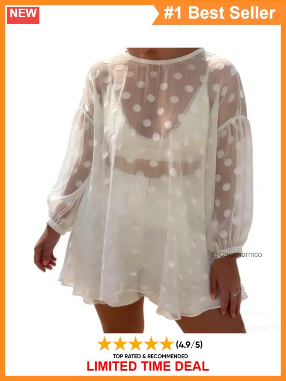 Sheer Mesh Polka Dot Puff Sleeve Blouse Chiffon Tunic Cover Up Top